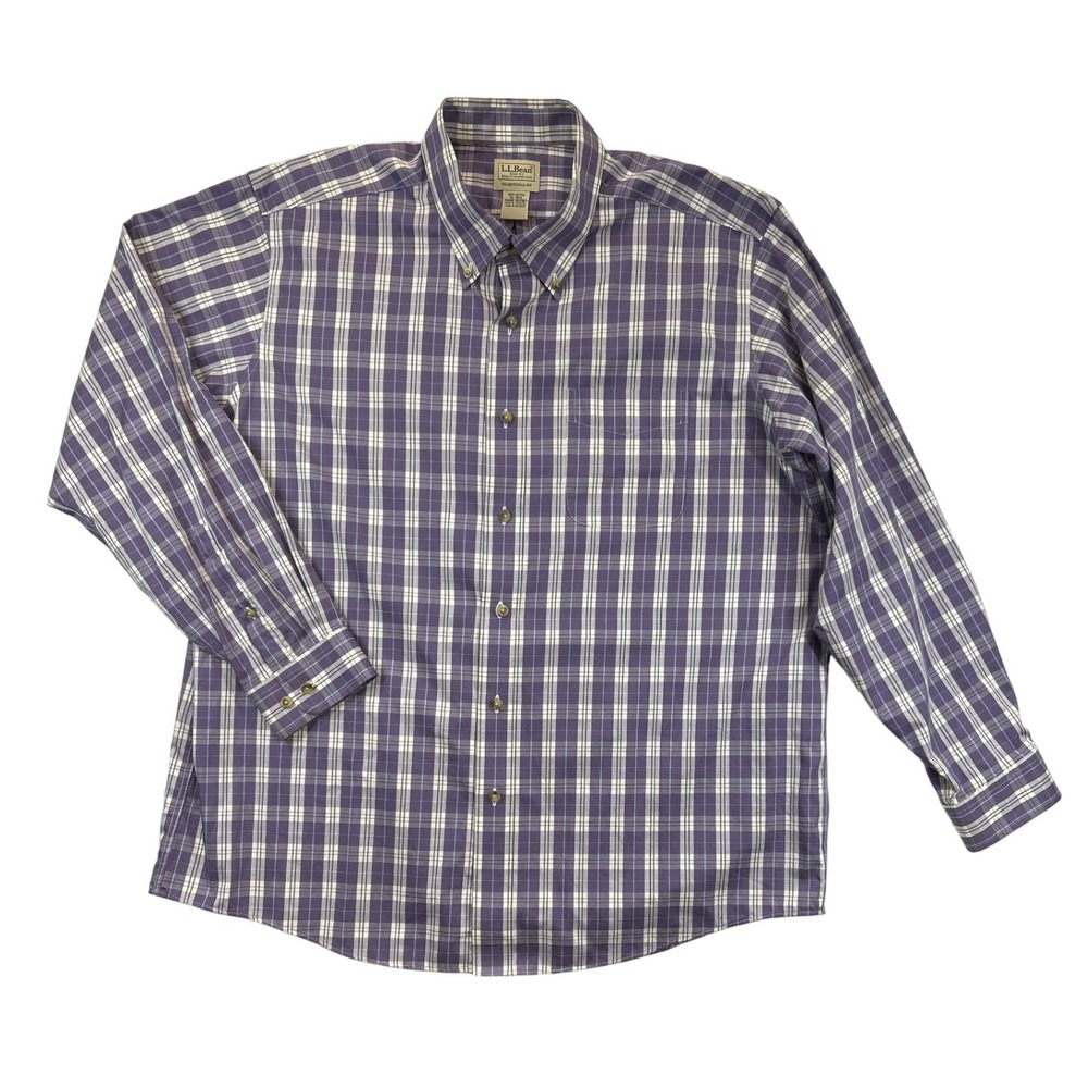 L.L. Bean Button Down‎ Shirt Mens XL Purple Plaid Traditional Fit Cotton